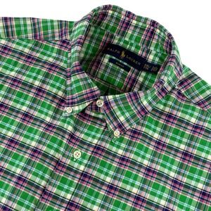 Ralph Lauren Mens Short Sleeve Slim Fit Plaid Button Down Shirt Green Pink XXL